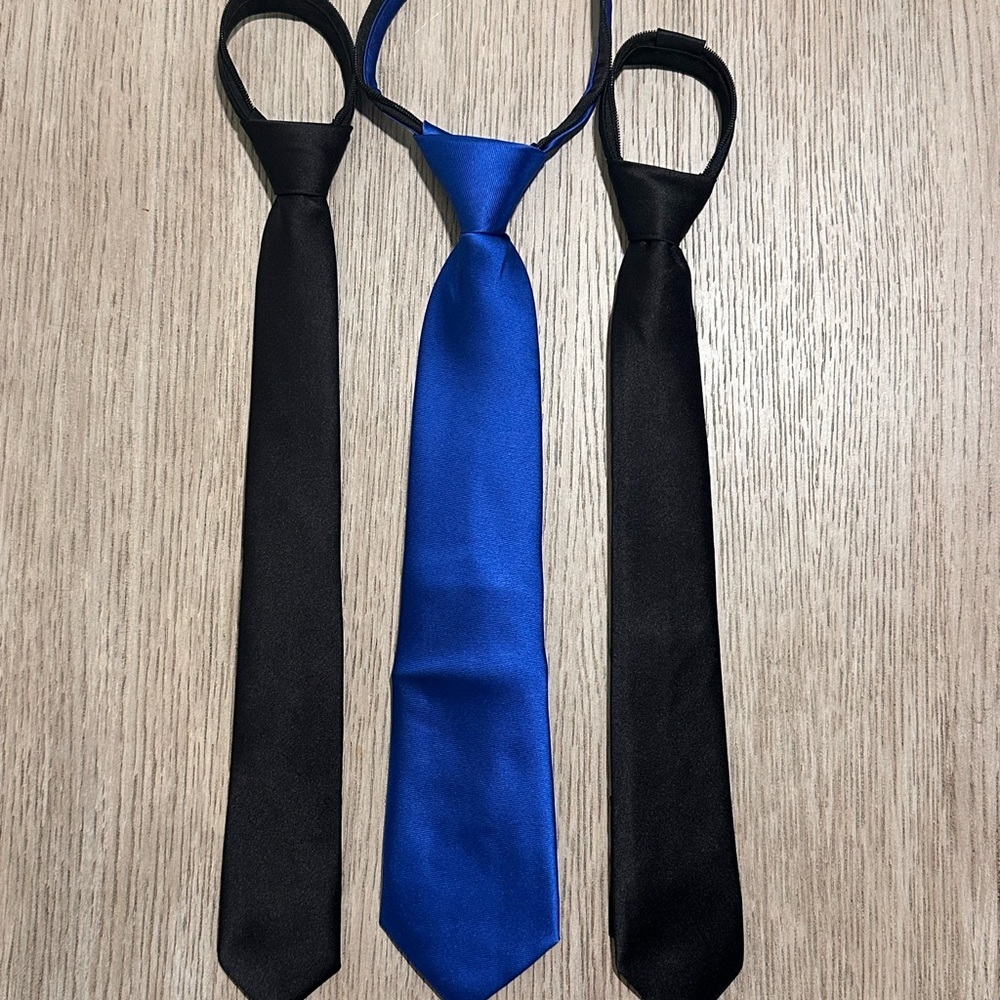 Classic Solid Pre knotted, zipper Neckties - 2 Black(2”W) & 1 Royal Blue(2.5”W)